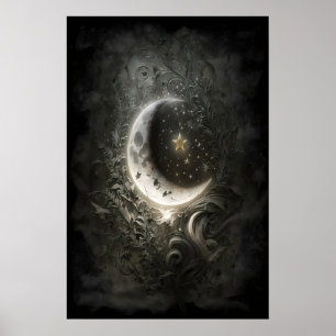 Affiche Lune Céleste Étoiles Floral Vintage Tarot Mur