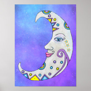 Affiche Lune croissante avec joli décor violet visage
