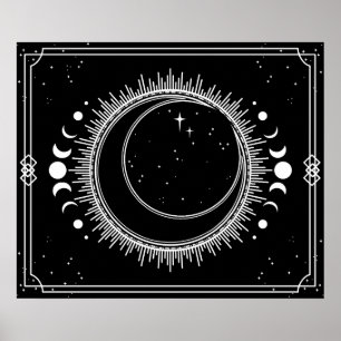 Affiche Lune croissante et Soleil avec Étoiles Noir et Bla