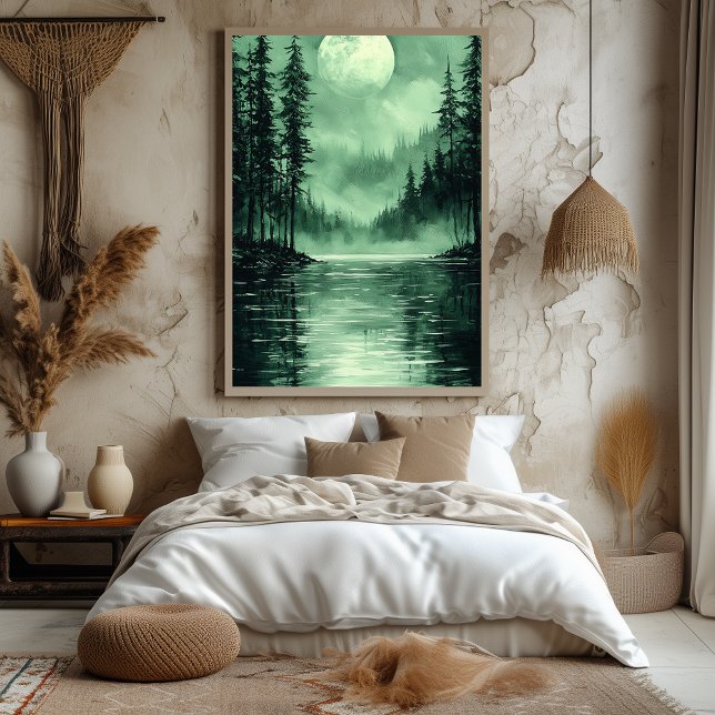 Affiche Lune de la forêt mystique en monochrome vert (Créateur téléchargé)