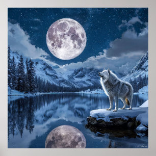 Affiche 🌕 Lune de loup hurlant mystique ciel nocturne for