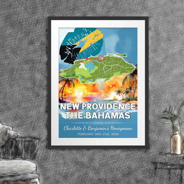 Affiche Lune de miel romantique New Providence Bahamas Car (New Providence Bahamas Honeymoon Memories Poster - Sketch Mockup)
