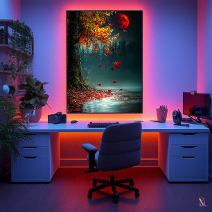 Affiche Lune de sang au-dessus du lac d'automne - Chute my