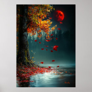 Affiche Lune de sang sur le lac d'automne - Automne mystiq