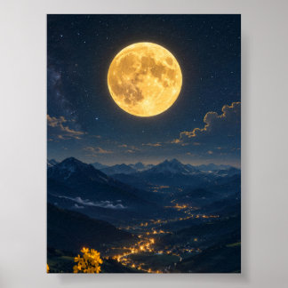 Affiche Lune dorée sur paysage nocturne de la vallée de mo