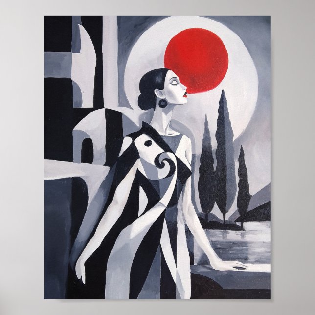 Affiche Lune écarlate : Femme stylisée dans un paysage mon (Devant)