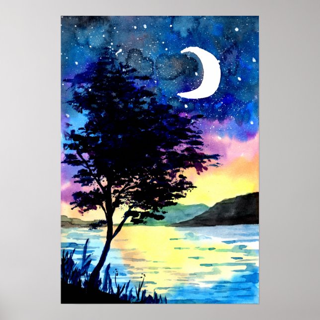 Affiche Lune et étoiles au-dessus du lac (Devant)
