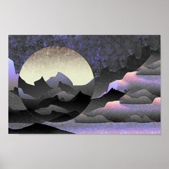 Affiche Lune et montagnes fantaisistes Art abstrait (Devant)