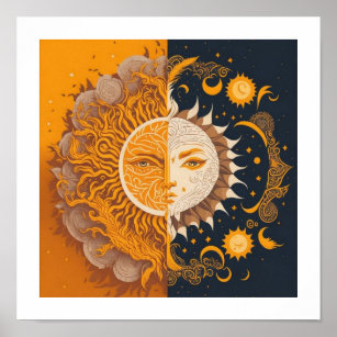 Affiche Lune et Soleil, ésotérique, Ventilateur boho en as