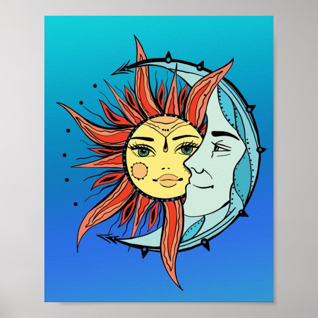 Affiche Lune et soleil. illustration de tatouage de style  (Devant)