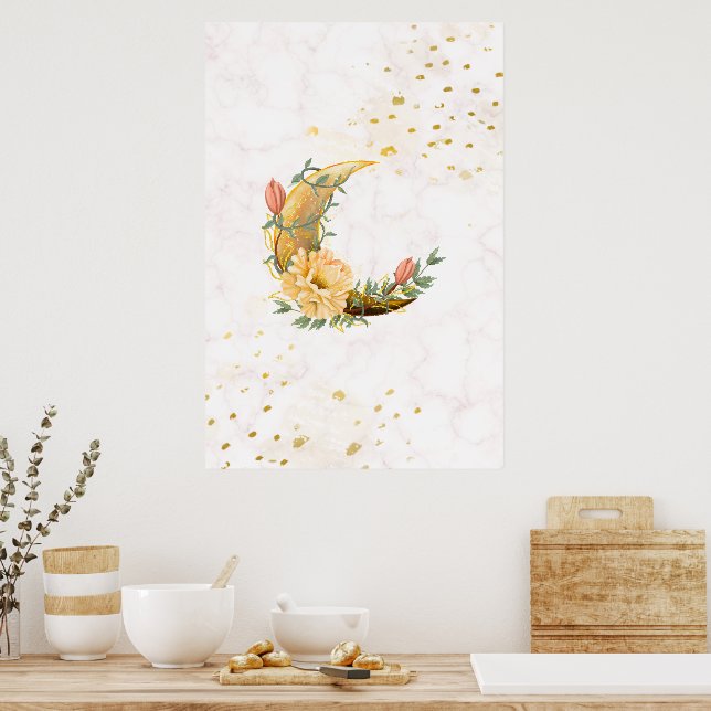 Affiche Lune florale, Graphique beige et jaune (Cuisine)