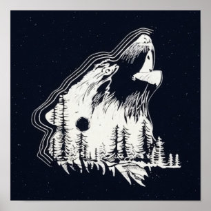 Affiche Lune Forêt de pins d'hiver Wolf