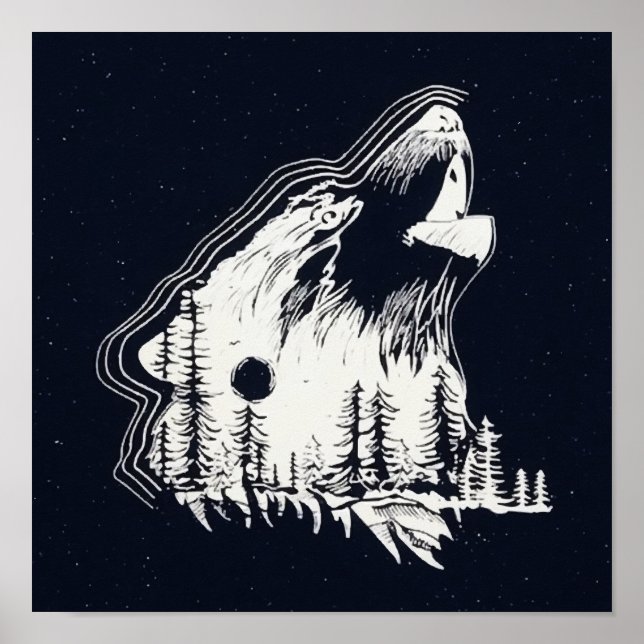 Affiche Lune Forêt de pins d'hiver Wolf (Devant)