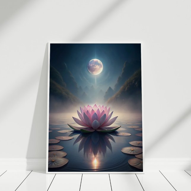 Affiche Lune Lotus Garden - Réflexion Lunaire Tranquille (Moonlit Lotus Garden – Tranquil Lunar Reflection Poster in a white wooden frame)