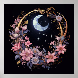 Affiche Lune Mystique et Fleurs
