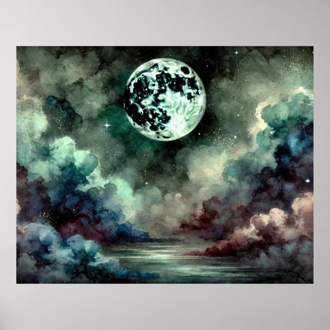 Affiche Lune mystique nuages cosmiques dans le ciel noctur (Devant)