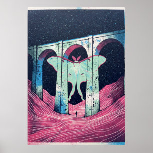 Affiche Lune Papillon de Nuit Aqueduc Vagues Roses Art Sur