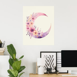 Affiche Lune rose Croissant avec de jolies fleurs