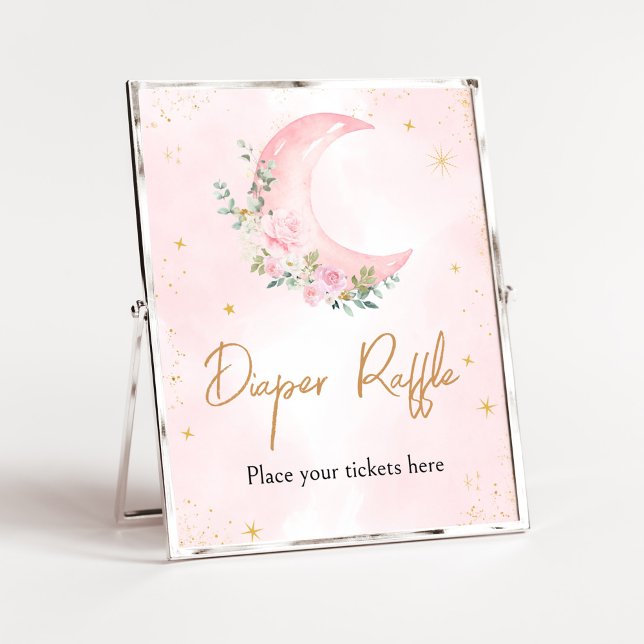 Affiche Lune rose et étoiles Baby shower Déchets Raffle (Twinkle Little Star Baby Shower Diaper Raffle Sign)