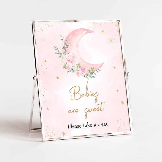 Affiche Lune rose et étoiles Baby shower Les bébés sont do (Twinkle Little Star Baby Shower Babies are Sweet Sign)
