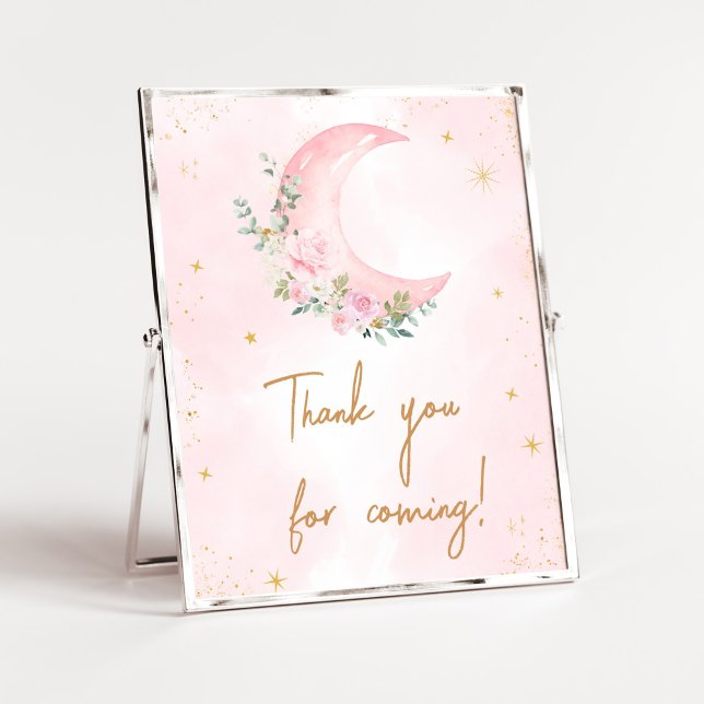 Affiche Lune rose et étoiles Merci bébé pour venir (Twinkle Little Star Baby Shower Thank you for Coming Sign)