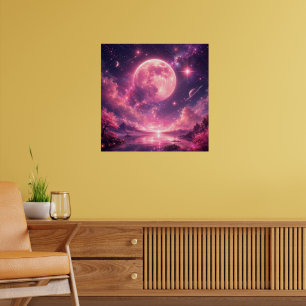 Affiche Lune rose Fleur de cerisier Fantastique Ciel noctu