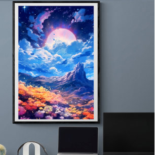 Affiche Lune rose nuit ciel paysage floral Ai