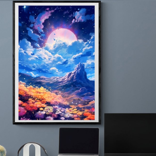 Affiche Lune rose nuit ciel paysage floral | Ai (Créateur téléchargé)