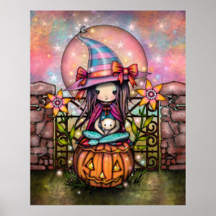 Affiche Lune Rouge Sourcilleuse Sorcière Mignonne avec Cha