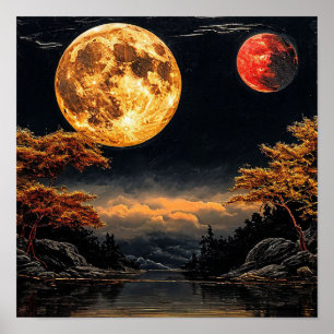 Affiche Lune rouge sur un lac Décor céleste dramatique