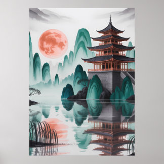 Affiche Lune silencieuse au-dessus de la pagode de Jade.