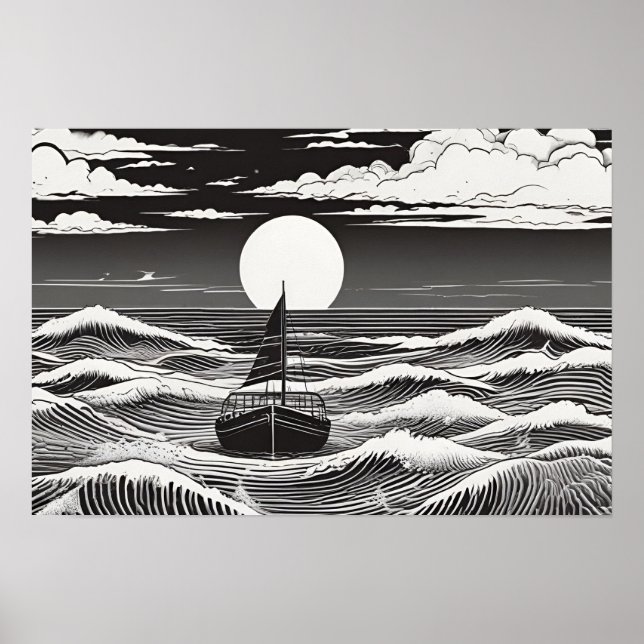 Affiche Lune Voyage Serenade Nautique Noir et Blanc (Devant)