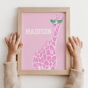 Affiche Lunettes de soleil en girafe rose Nom personnalisé