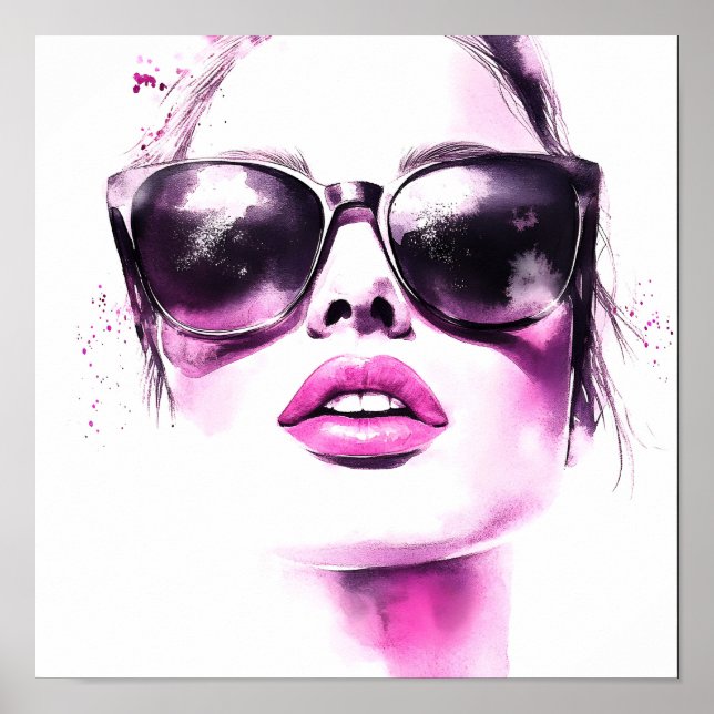 Affiche Lunettes de soleil femme mode aquarelle rose chic (Devant)