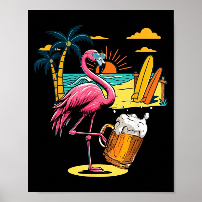 Affiche Lunettes de soleil flamant rose buvant de la bière (Devant)