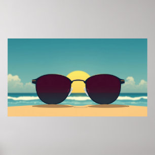 Affiche Lunettes de soleil rétro de plage et soleil