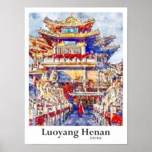 Affiche Luoyang Henan Chine Voyage Aquarelle main tirée