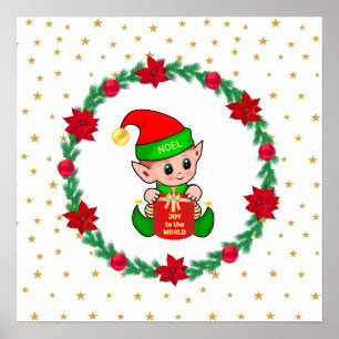 Affiche Lutin de Noël, couronne de pin, poinsettias et éto