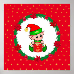 Affiche Lutin de Noël, couronne de pin, poinsettias et éto