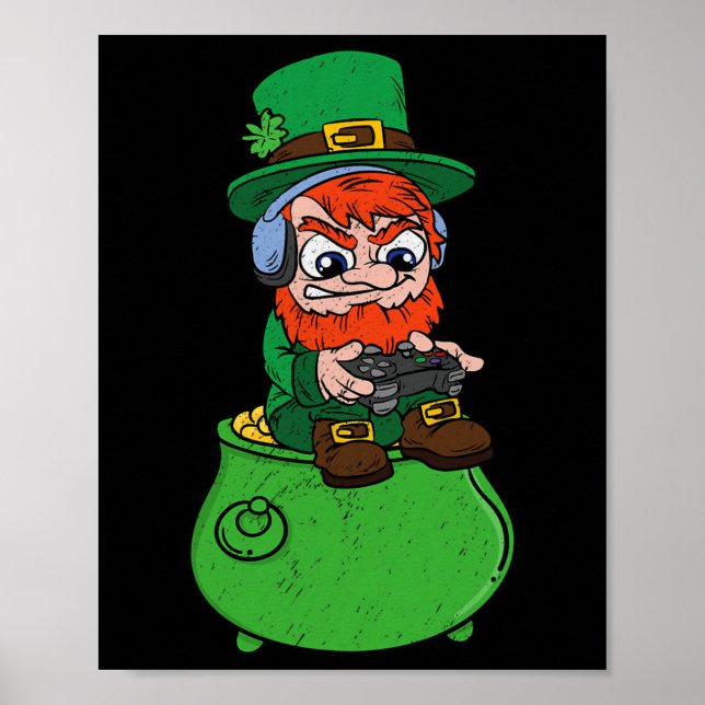Affiche Lutin jouant à un jeu vidéo St Patrick's Day Joueu (Devant)