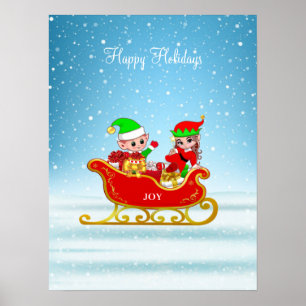 Affiche Lutins de Noël sur un traîneau avec des cadeaux