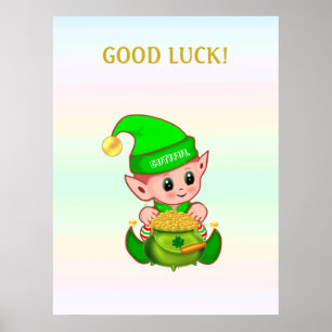 Affiche Lutins mignons & pot d'or sur couleurs pastel