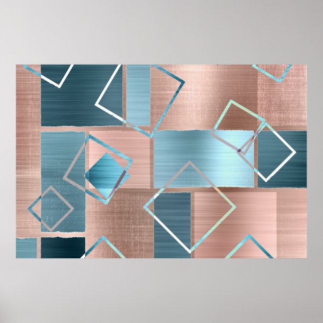 Affiche Luxe Abstrait | Blush Rose Gold et Turquoise Géomé (Devant)