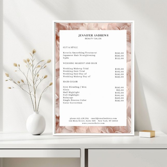 Affiche Luxe, Bleu-Beige, Fleur, Salon Tarifs (Luxury, Blush-Beige, Flower, Salon Price List Poster)