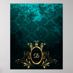 Affiche Luxe Damask or Frame monogramme