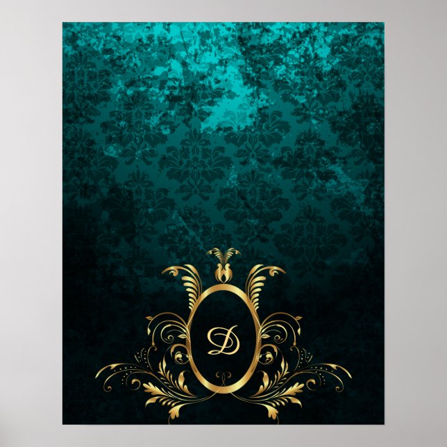 Affiche Luxe Damask or Frame monogramme (Devant)