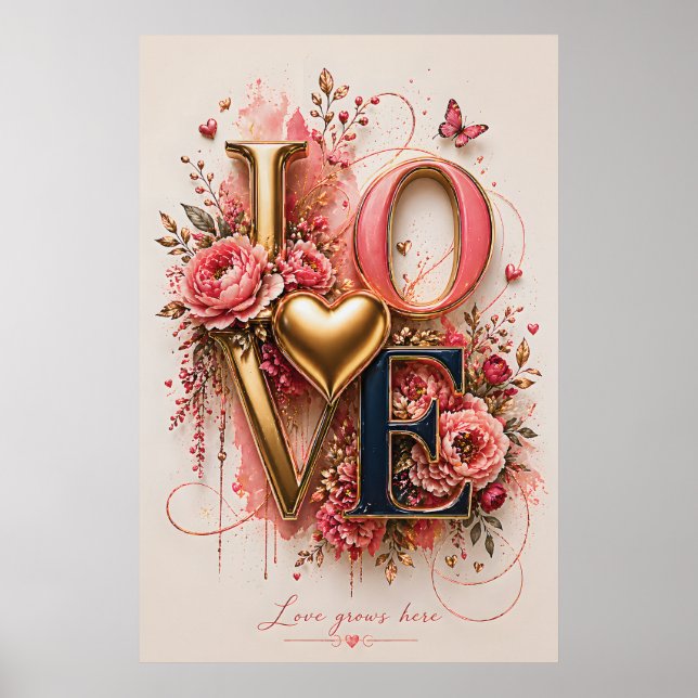 Affiche Luxury Gold LOVE Dessin Floral | (Devant)