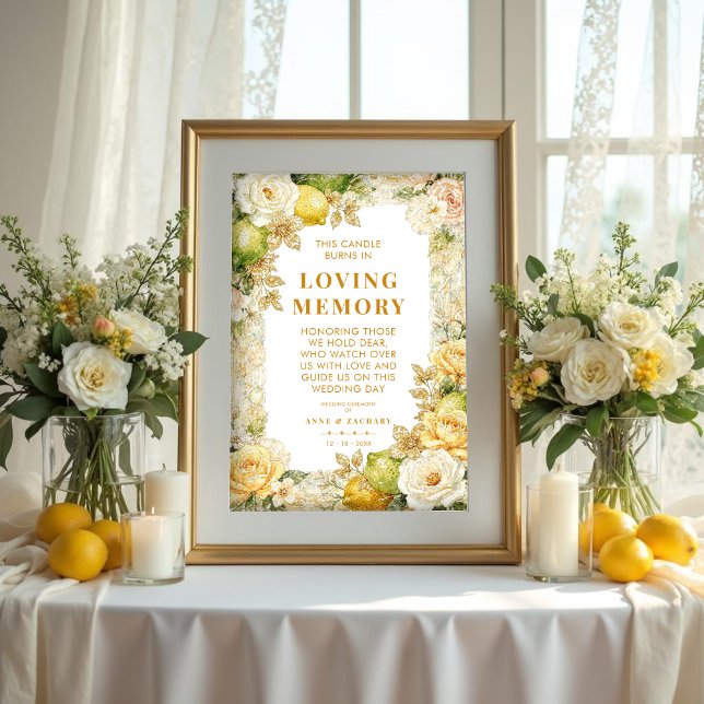 Affiche Luxury Mediterranean Lemons & Flowers Memorial (Luxury Delicate Mediterranean Lemons & Flowers Frame Memorial Loved Ones Poster )