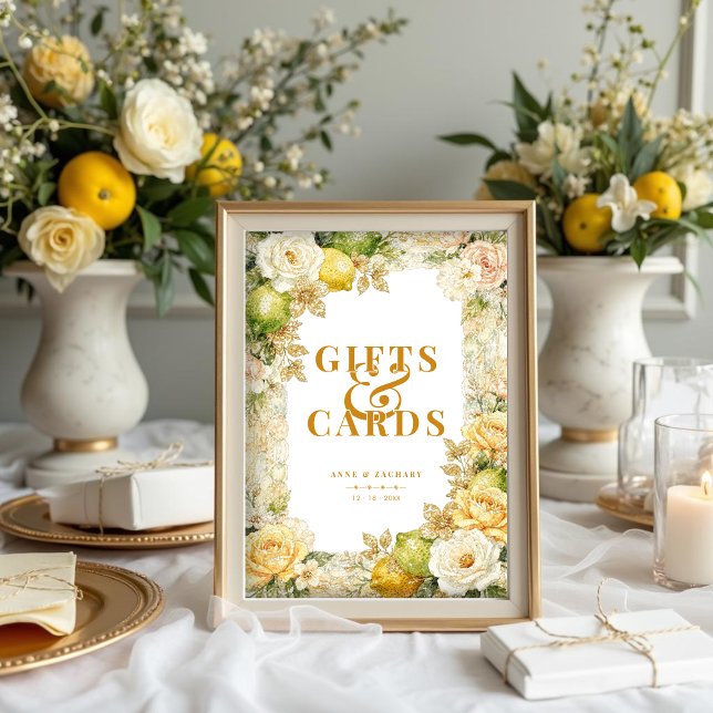 Affiche Luxury Mediterranean Lemons & Flowers Wedding (Luxury Delicate Mediterranean Lemons & Flowers Frame Wedding Gifts & Cards Posters.)