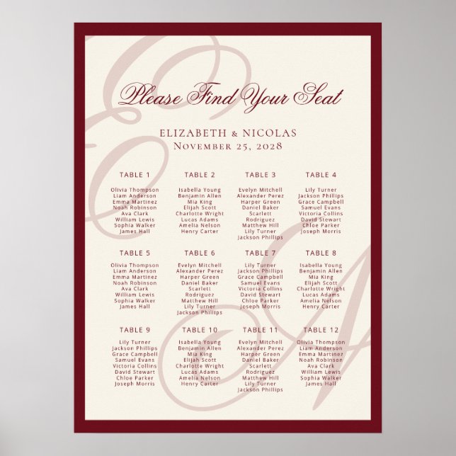 Affiche Luxury Monogram Calligraphy Wedding Seating Chart (Devant)